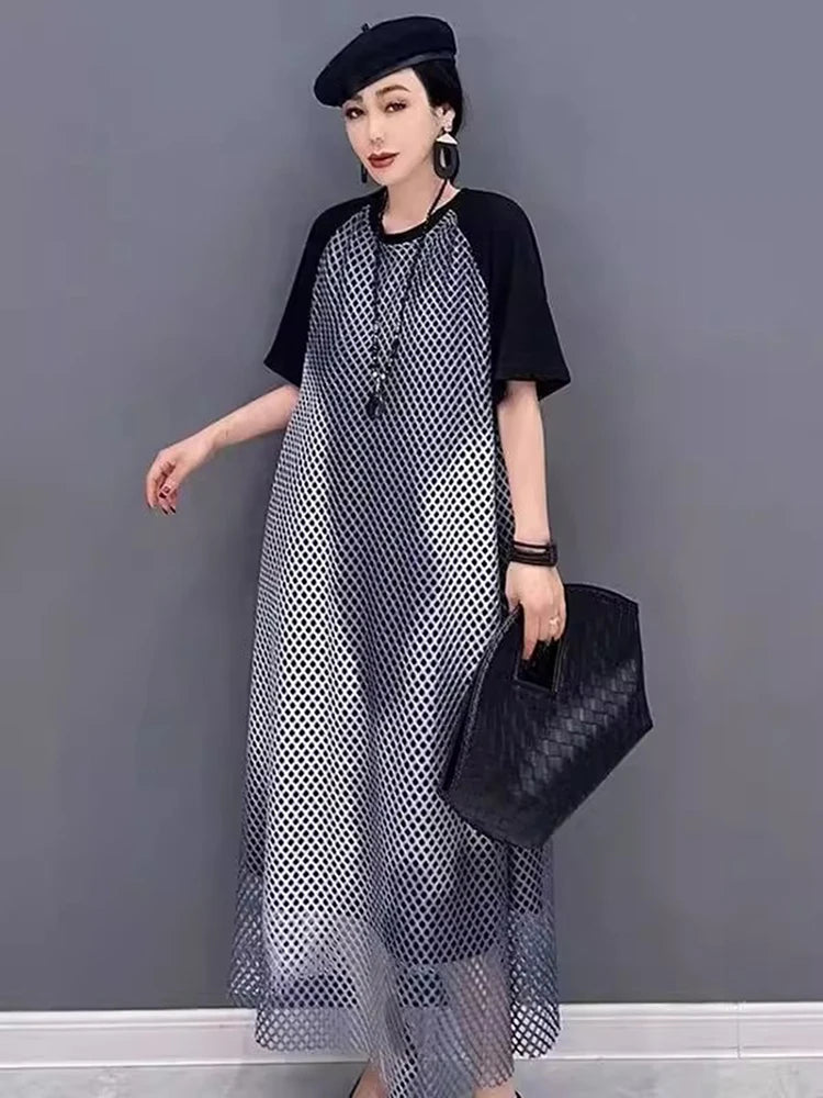 XITAO Hollow Out Patchwork Mesh Grid Dress O-neck Casual Short Sleeve Loose Temperament Pullover Summer Woman Dress ZMY1280