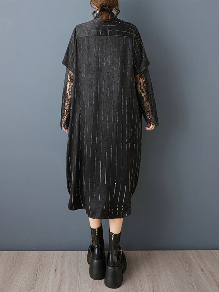 XITAO Lace Patchwork Asymmetrical Dress Single Breasted Turn-down Collar Long Sleeve Side Split Casual Temperament Dress ZMY1322