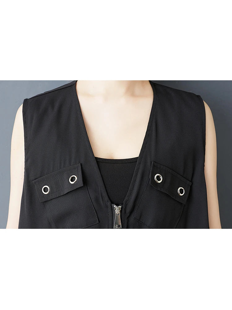 XITAO Zipper Pocket V-neck Dress Sleeveless Casual Solid Color Patchwork Temperament Slimming Summer Woman Dress ZMY1311