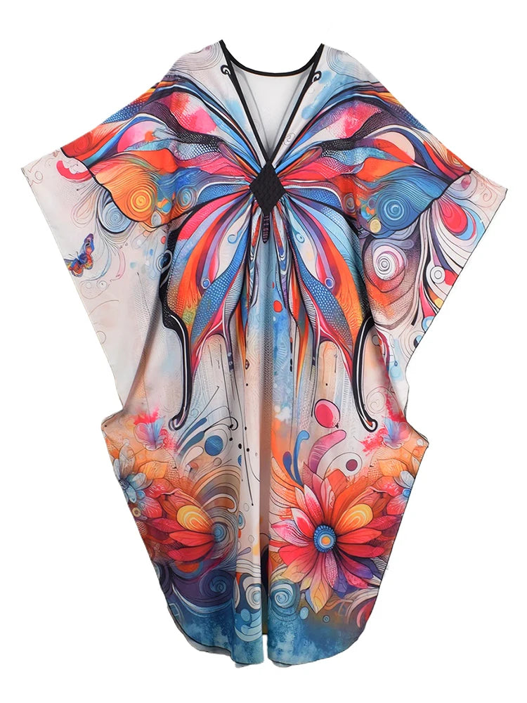 XITAO V-neck Ankle-length Dress New Arrival Contrast Color Butterfly Print Side Slit Bat Wing Sleeve Summer Woman Dress GJ1169