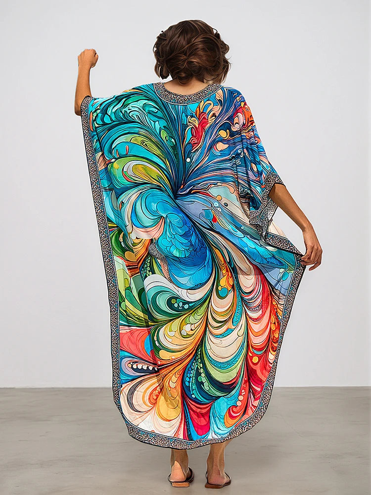 XITAO Bat Wing Sleeve V-neck Vintage Dress Side Slit Print Pullover Loose Temperament Summer Woman Ankle-length Dress GJ1195
