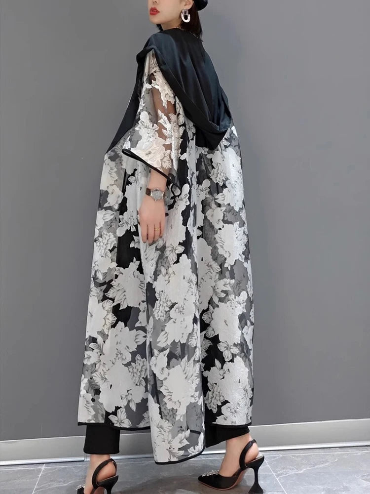 XITAO Hooded Gauze Patchwork Trench Print Half Sleeve New Temperament Casual Loose All-match Summer Cardigans Trench ZMY1279