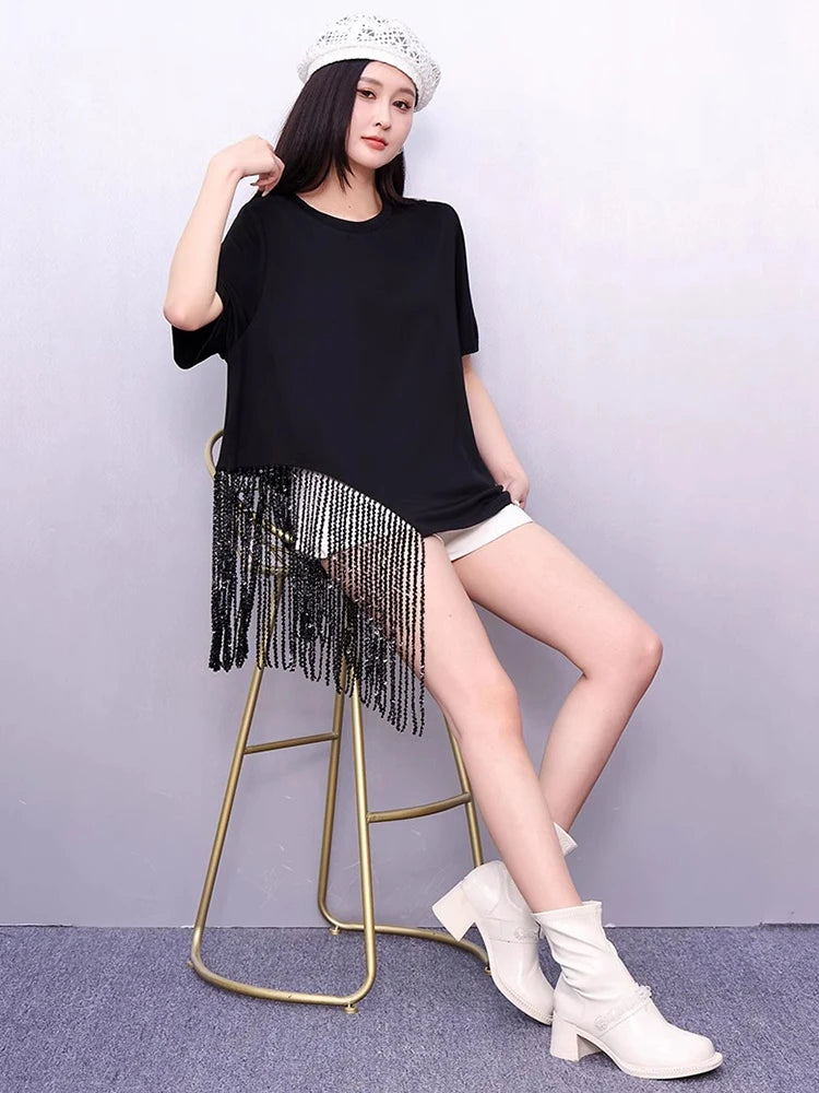 XITAO Tassels Asymmetrical Solid Color T-Shirts O-neck Loose Short Sleeve Pullovers Simple Summer Woman T-Shirts ZMY1262