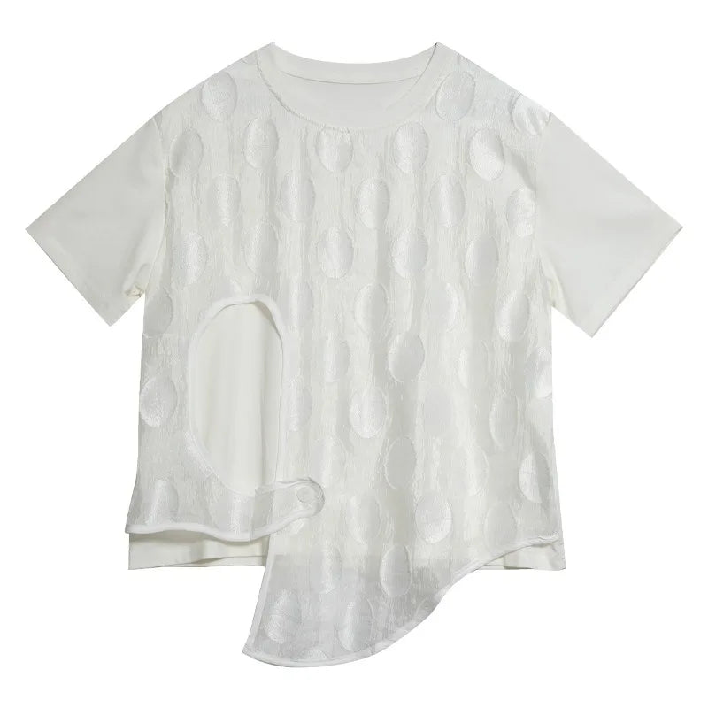 XITAO Hollow Out Asymmetrical Button T-Shirts Gauze Patchwork Pullover Solid Color Short Sleeve Loose Casual Women Top ZMY1163