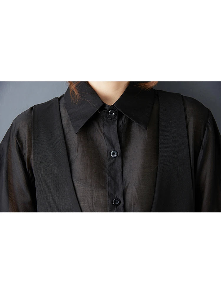 XITAO Pocket Patchwork Solid Color Shirt Dress Collar Short Sleeve Loose Slimming Summer Woman Fake Two Pieces Dress ZMY1298
