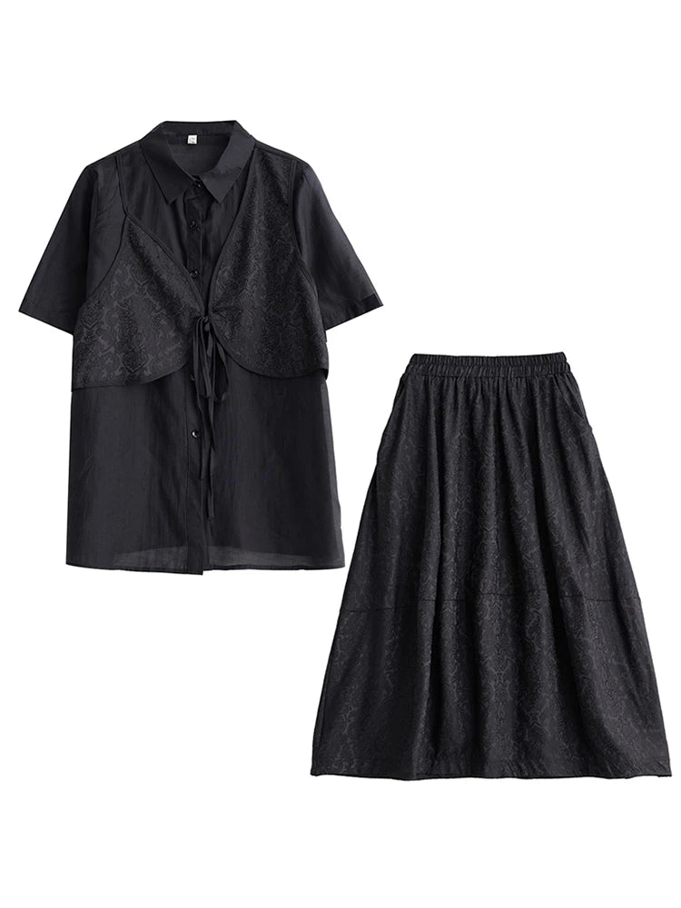 XITAO Patchwork Loose Drawstring Sets Solid Color Turn-down Collar Short Sleeve Elastic Waist Temperament Woman Sets ZMY1274