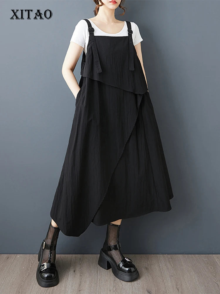 XITAO Asymmetrical Spaghetti Strap Sleeveless Dress Solid Color Pocket Patchwork Square Collar A-line Slim Women Dress ZMY1286