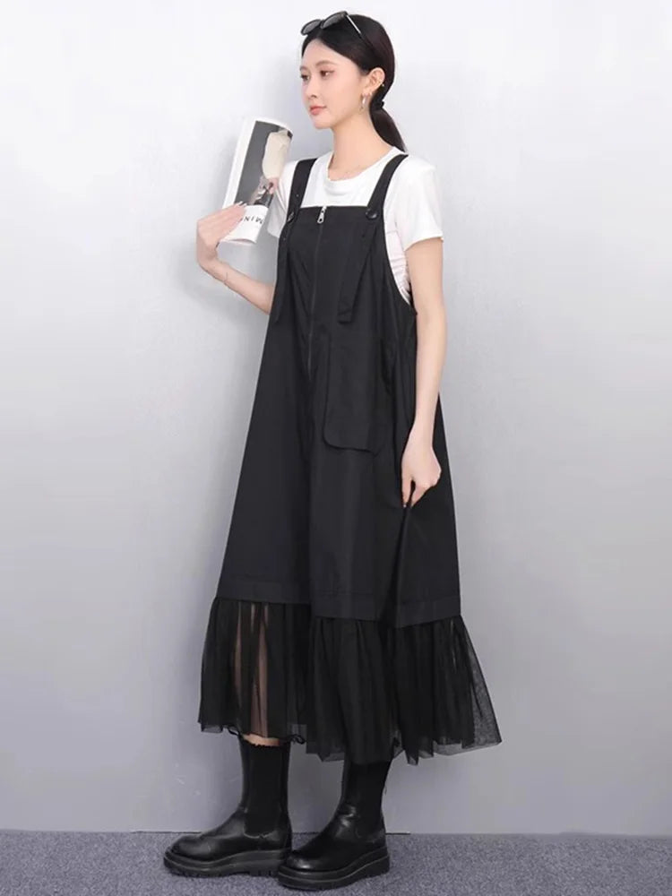 XITAO Zipper Pleated Gauze Dress Pocket Sleeveless Loose Vintage Temperament Patchwork Solid Color Summer Woman Dress ZMY1336