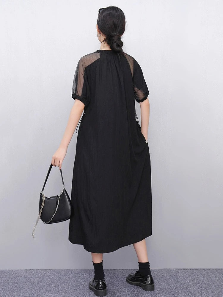 XITAO Gauze Patchwork Draw String Dress O-neck Short Sleeve Solid Color Simple Loose Slimming Summer Woman Dress ZMY1240