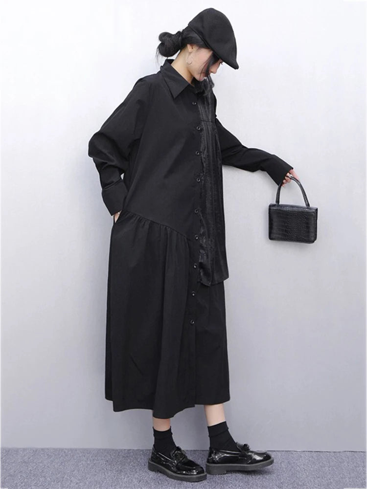 XITAO Patchwork Pleated Lapel Women Dress Casual Full Sleeve A-line Turn-down Collar Loose Slimming Spring Female Dress GYX1578