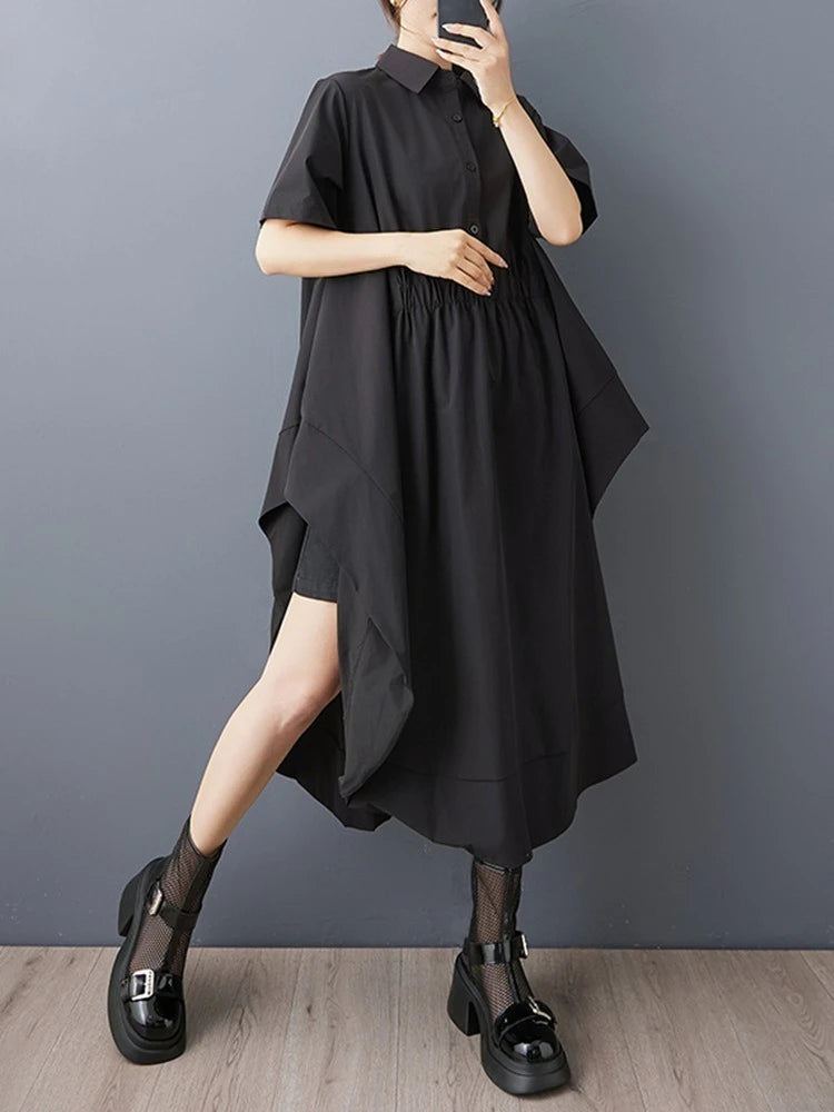 XITAO Irregular Button Dress Solid Color Casual Short Sleeve Loose Turn-down Collar Temperament Summer Woman Dress GYX1653