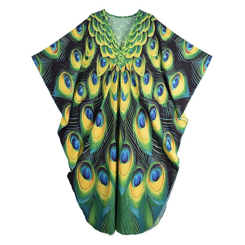 XITAO Batwing Sleeve Print Contrast Color Pullover Dress V-neck Loose New Temperament Ankle-length Women Dress Summer GJ1143