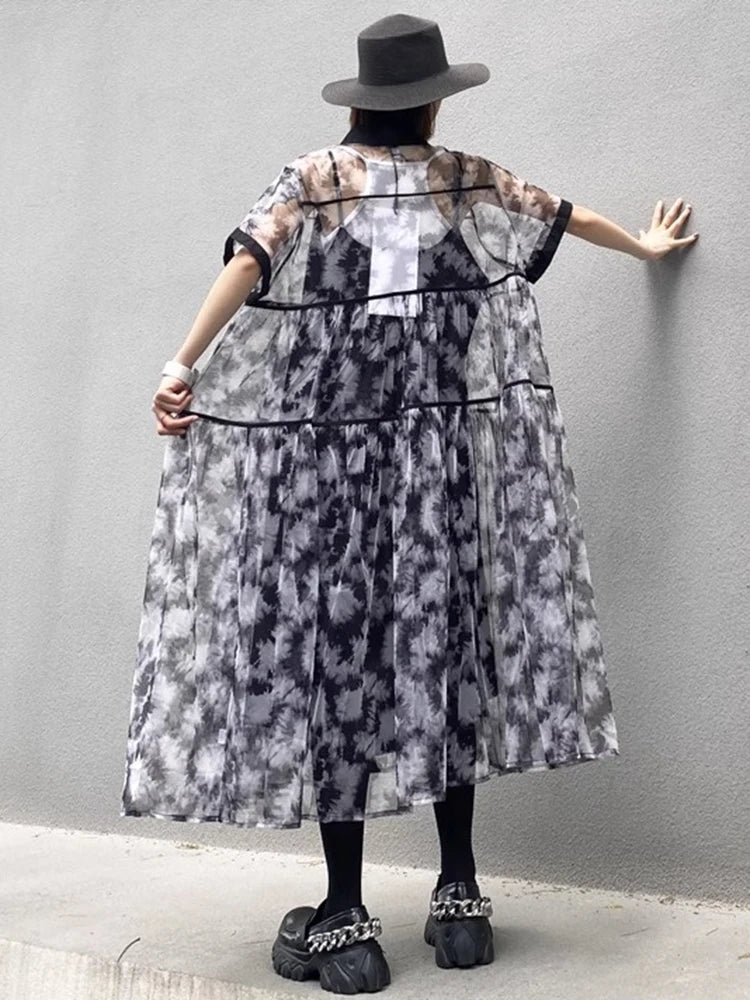 XITAO Mesh Patchwork Print Shirt Dress Loose Single Breasted Women Trend All-match Casual Summer Short Sleeve Dress ZMY1248