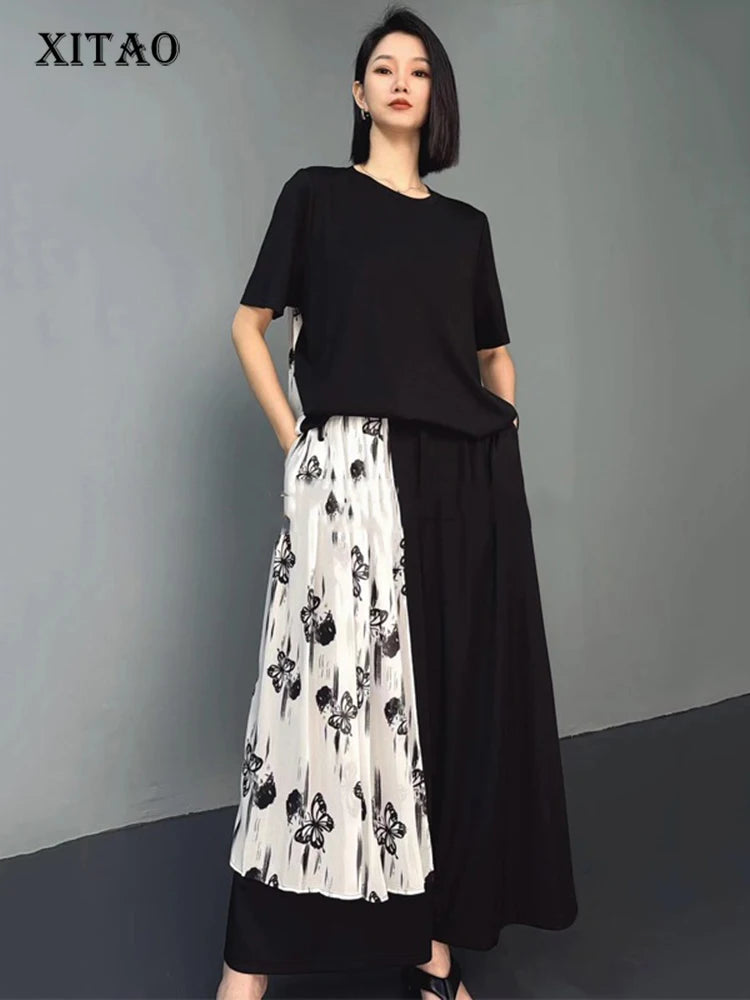 XITAO Butterfly Patchwork Female Sets Pullovers Personality Elegant Print O-neck Wide Leg New Arrival Woman Summer Sets ZMY1284