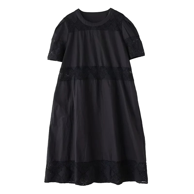 XITAO Hollow Out Patchwork Dress Loose Solid Color Elegant A-line Women Summer Temperament O-neck Short Sleeve Dress ZMY1155