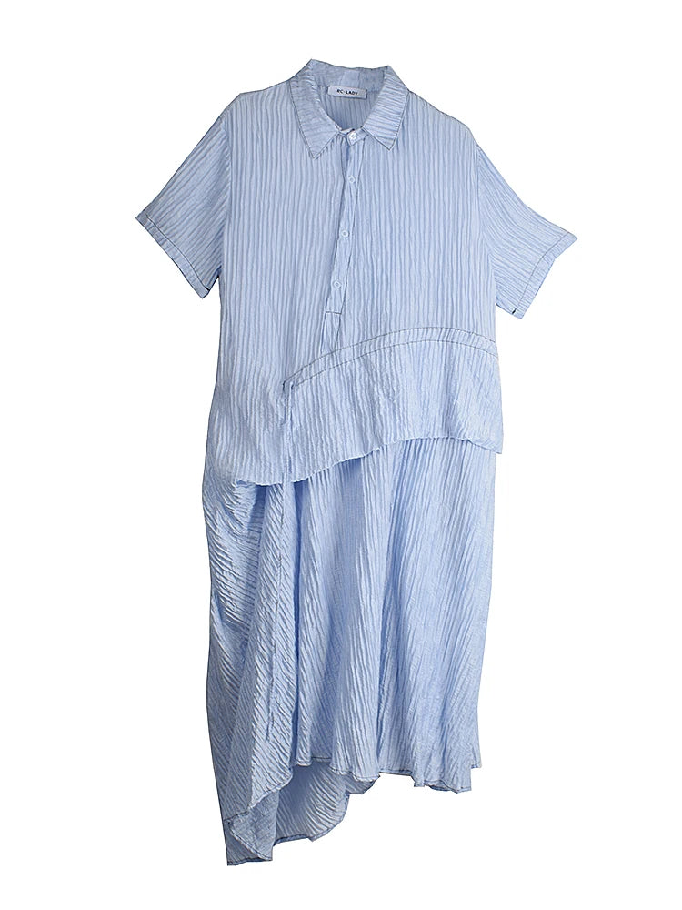 XITAO Irregular Striped Drawstring Dress Turn-down Collar Loose Casual Short Sleeve Personality Summer Woman Dress HQQ2490