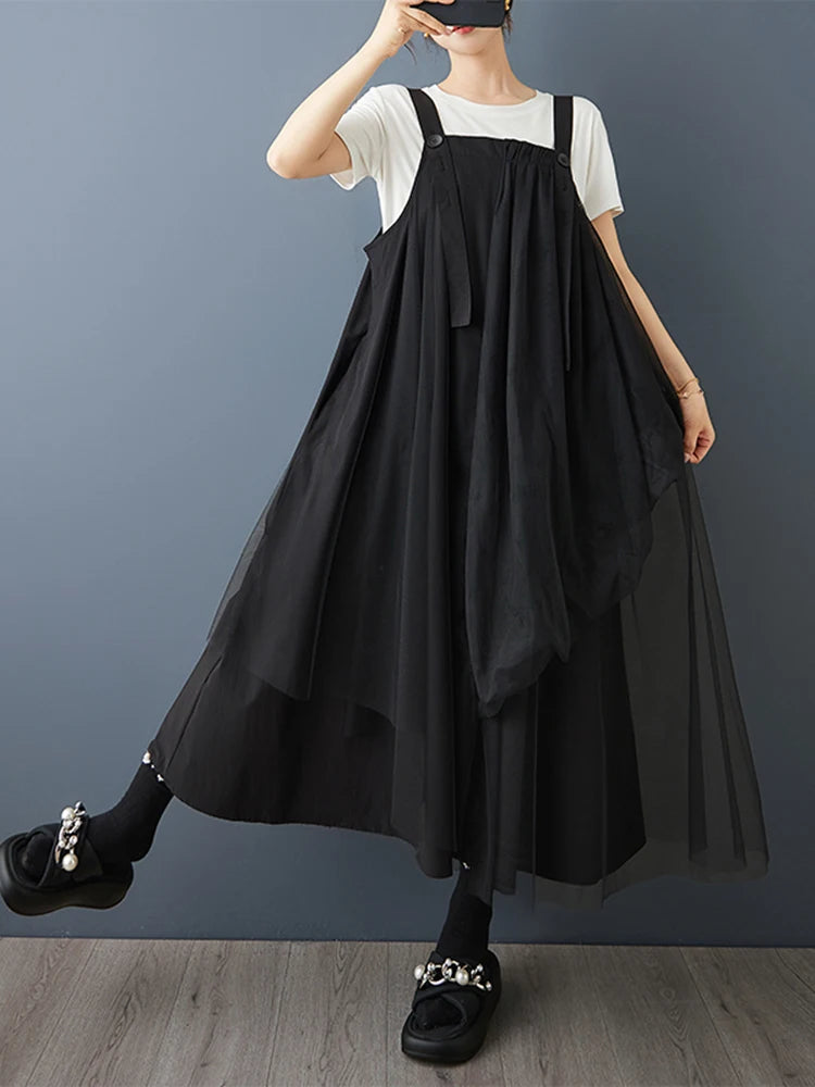 XITAO Gauze Irregular Solid Color Straps Dress Patchwork Turn-down Collar Sleeveless Casual Slimming Summer Woman Dress ZMY1295