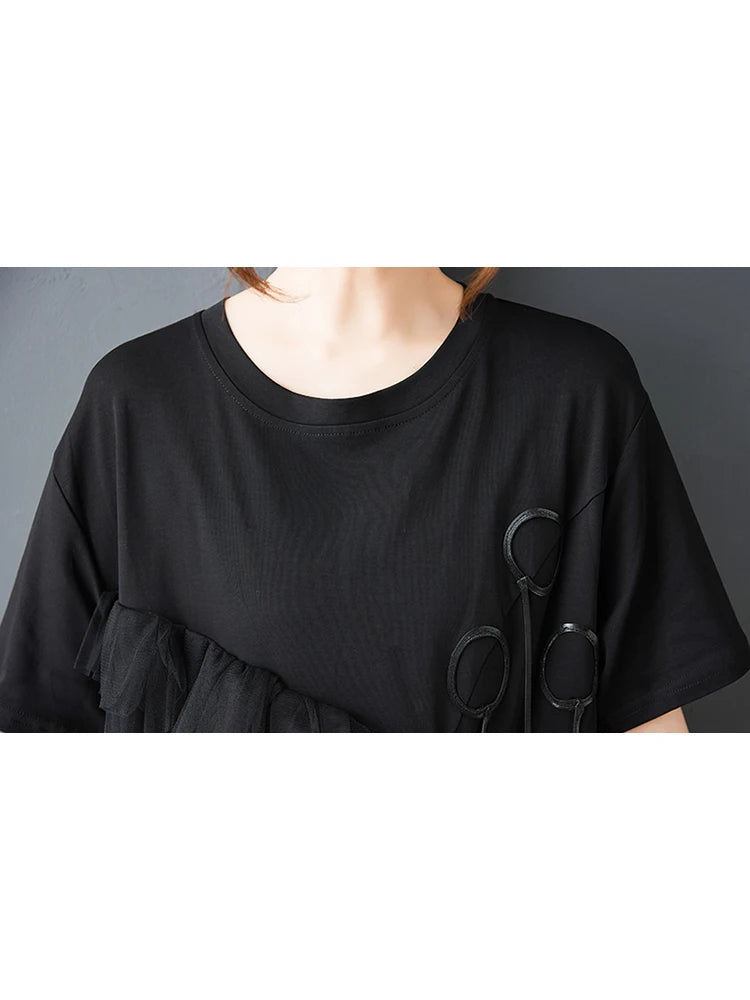 XITAO Gauze Patchwork Loose Female Dress Short Sleeve Pullover Irregular Casual Temperament Slimming Summer Woman Dress ZMY1359