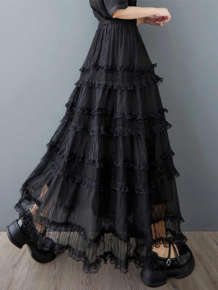 XITAO Lace Patchwork Gauze Elastic Waist Skirt Solid Color Casual Temperament All Match A-line Summer Slimming Skirt ZMY1216