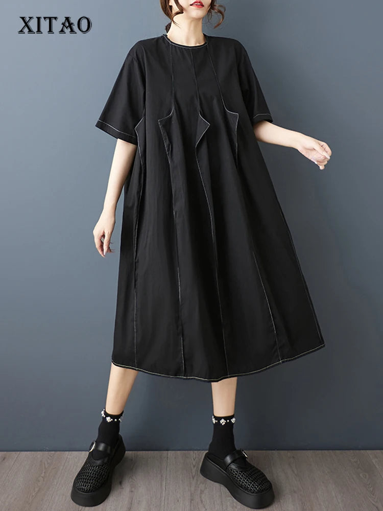 XITAO Asymmetrical Patchwork O-neck Dress Solid Color Short Sleeve Casual Slimming Pullover Simple Summer Woman Dress ZMY1358