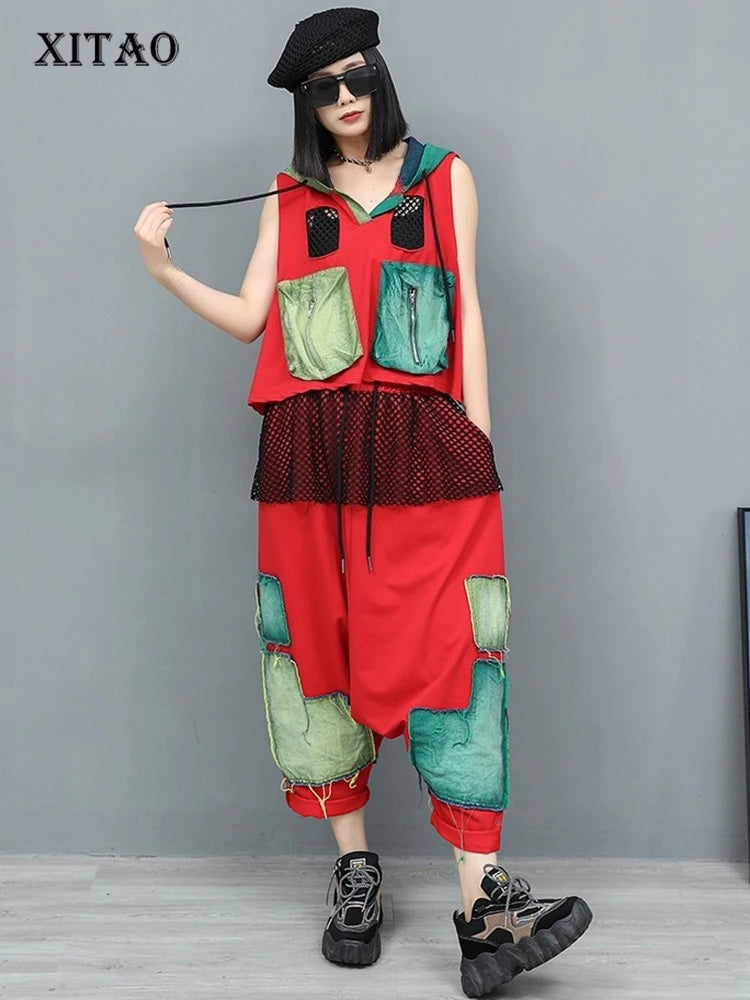 XITAO Patchwork Pocket Contrast Color Hooded Matching Set Casual Loose Fitting Elastic Waist Personality Women Sets GYX1650