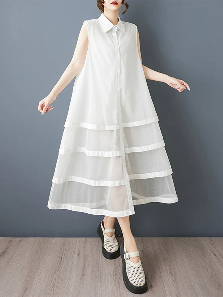 XITAO Patchwork Mesh Turn-down Collar Dress Casual A-line Sleeveless Fashion All Match Single Breasted Women Dress GYX1659