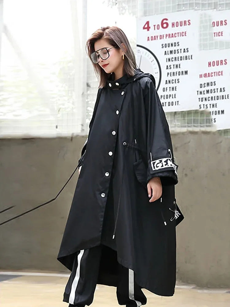 XITAO Spliced Black Trench For Women Tide Long Print Streetwear Hoodie Casual Female Wide Waisted Coat 2019 ZLL1100