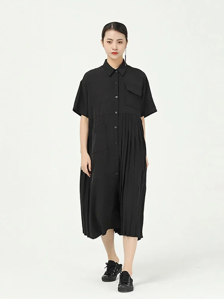 XITAO Pleated Dress Fashion New Women Single Breast 2024 Summer Patchwork Elegant Style Loose Irregular Dress DMY4747