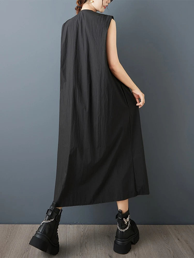 XITAO Solid Color Sleeveless Vintage Dress V-neck Irregular Single Breasted Loose Casual New Arrival Summer Woman Dress ZMY1384