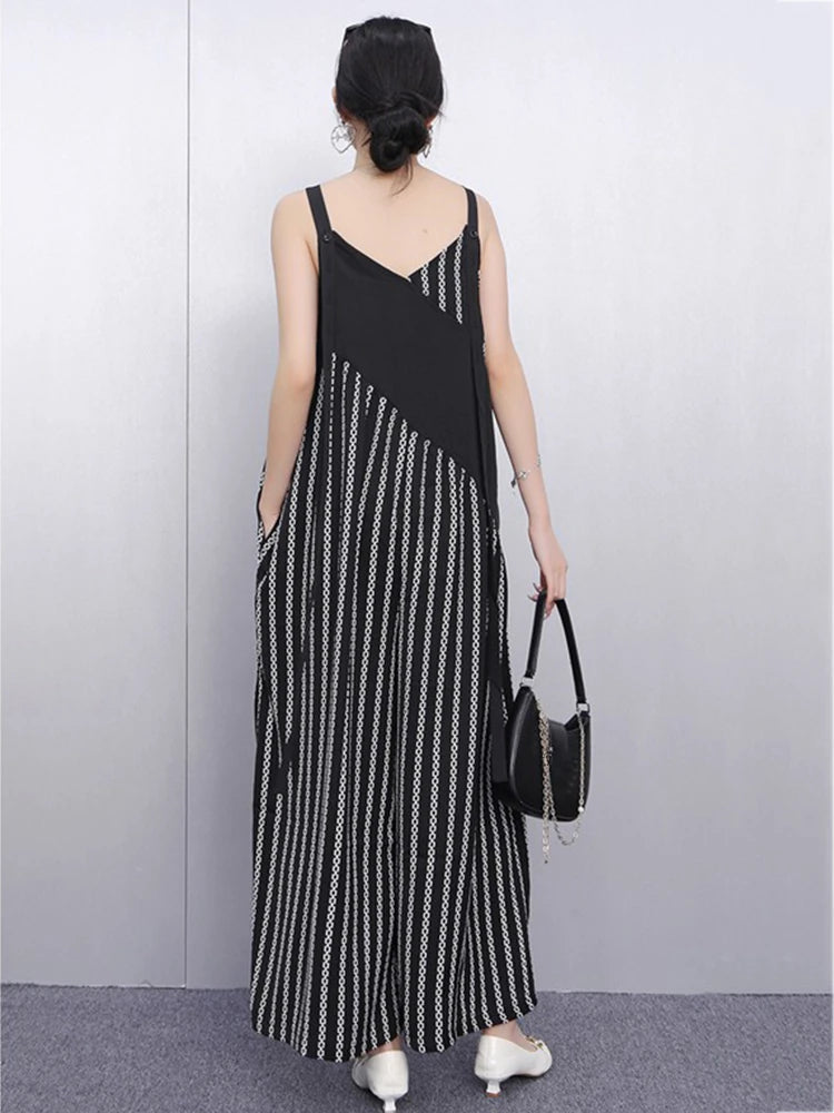 XITAO Patchwork Stripe Wide-leg Jumpsuit Casual Sleeveless New Rompers Loose Fitting Simple Spring Women Jumpsuit GYX1555