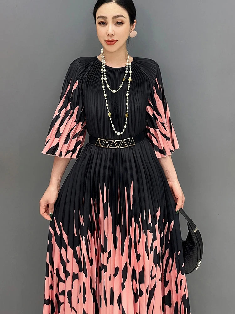 XITAO Print Pleated O-neck Three Quarter Sleeve Dress Elegant Temperament Loose Fashion Summer New Goddess Fan Dress LYD1881