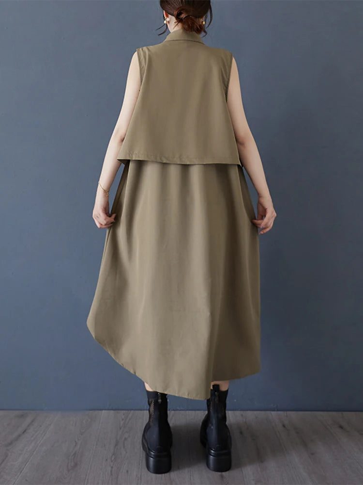 XITAO Single Breasted Turn-down Collar Pocket Dress Casual Loose Fitting Personality Fashion Korea Summer Female Dress ZMY1193