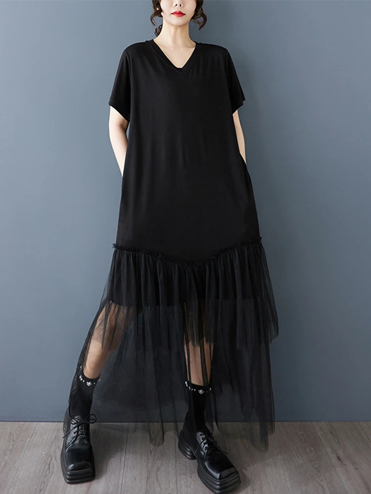 XITAO Patchwork Lace Mesh V-neck Dress A-line Short Sleeve Pleated Vintage Hong Kong Fashion Summer Women Dress HQQ2454