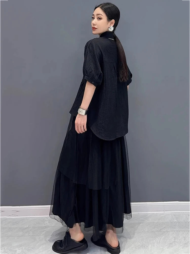 XITAO Mesh Patchwork Elastic Waist Matching Set Casual Solid Color Single Breasted Turn-down Collar New Women Set ZMY1139
