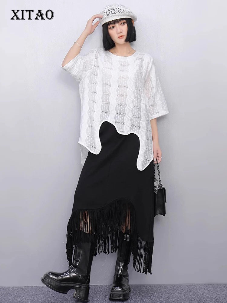 XITAO Irregular Hollow Out Embroidery T-shirt O-neck Half Sleeve Loose Temperament All-match Summer Woman T-shirt HQQ2488