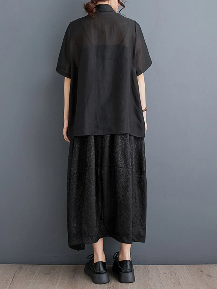 XITAO Patchwork Loose Drawstring Sets Solid Color Turn-down Collar Short Sleeve Elastic Waist Temperament Woman Sets ZMY1274