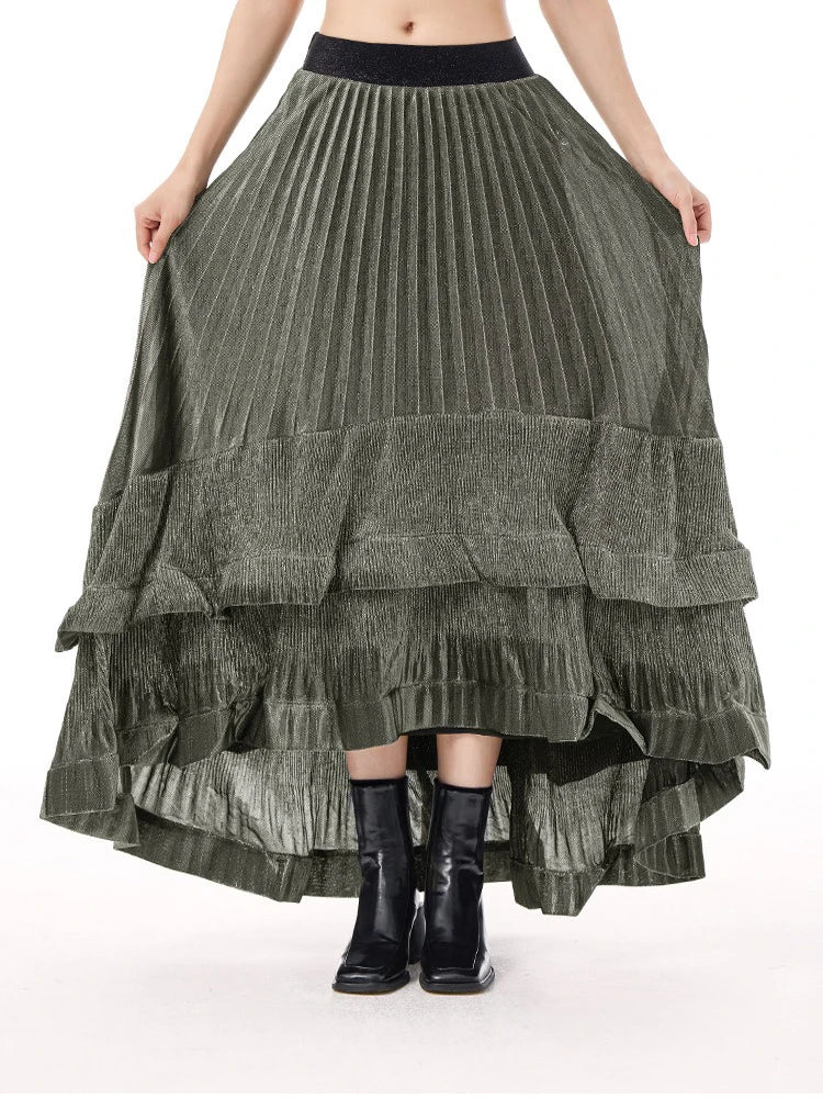 XITAO Asymmetrical Fold Patchwork Skirts Elastic Waist Solid Color A-line Loose Vintage Slimming Temperament Skirt GYX1517