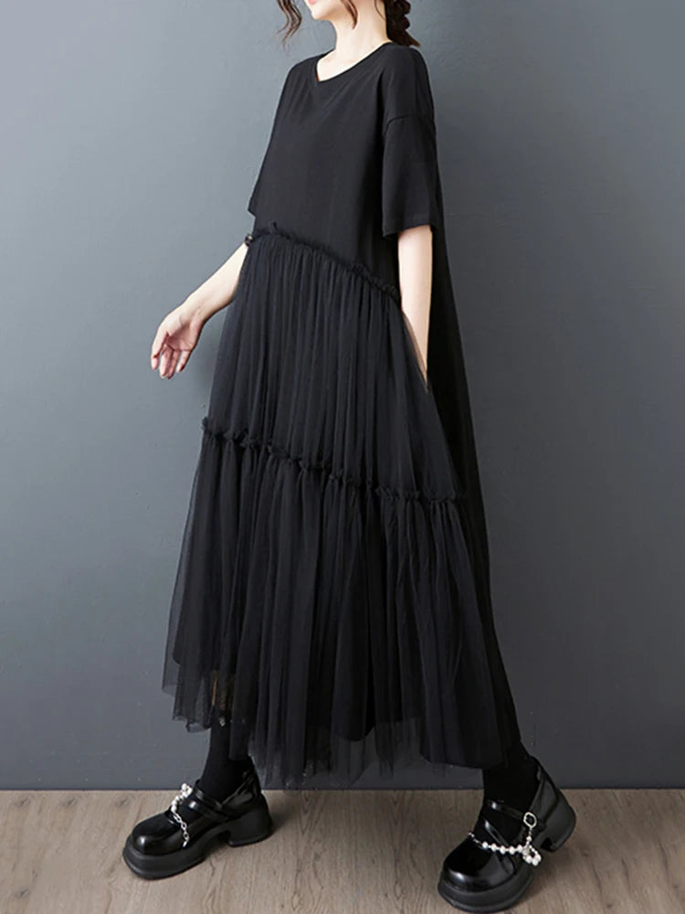 XITAO Gauze Patchwork Pocket Pullover Dress O-neck Short Sleeve Solid Color Loose Temperament Slim Casual All Match Dress ZMY1168