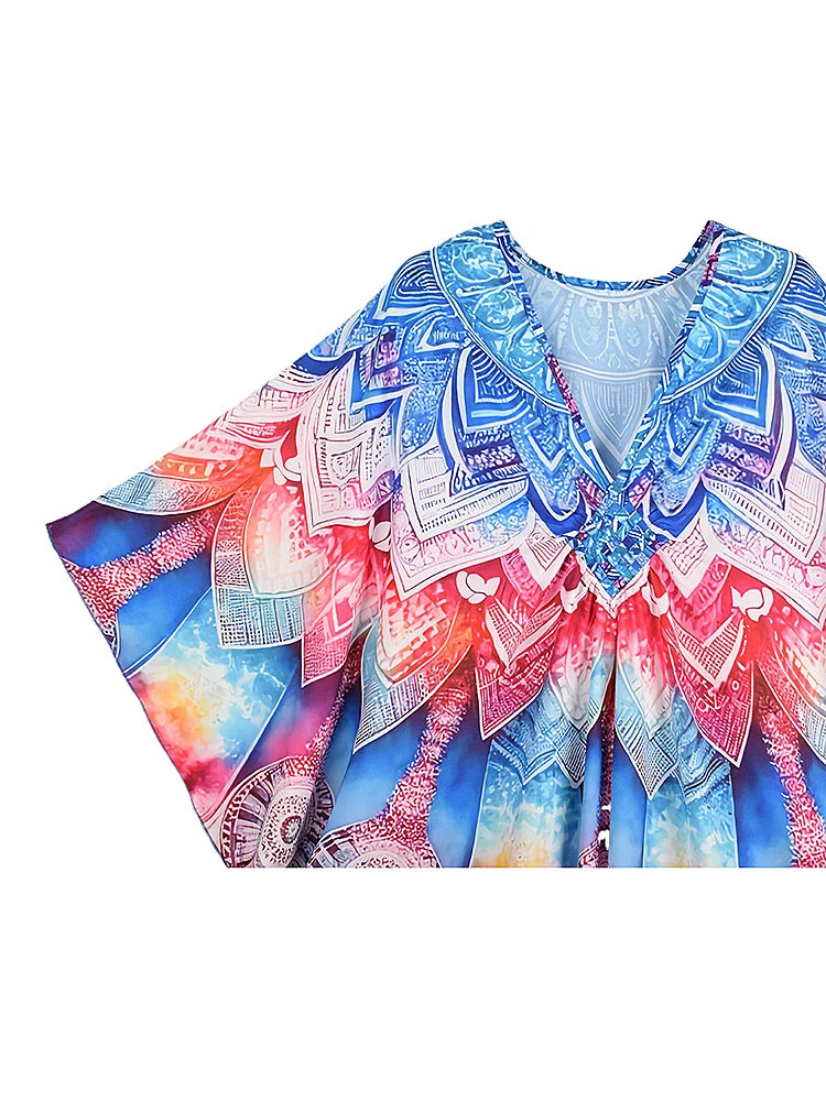 XITAO Bat Wing Sleeve Side Slit Dress Loose Print Casual V-neck Wrist Sleeve Vintage Fashion Slimming Summer Woman Dress GJ1157
