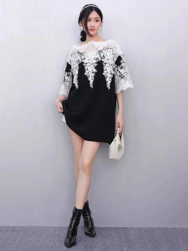 XITAO Lace Patchwork Contrast Color Dress O-neck Pullover Short Sleeve Loose Temperament All Match Vintage Casual Dress ZMY1246