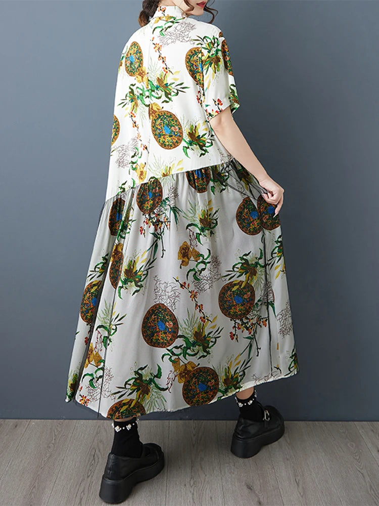 XITAO Gauze Patchwork Print Dress Turn-down Collar Loose Short Sleeve Casual Temperament Slimming Summer Woman Dress ZMY1293