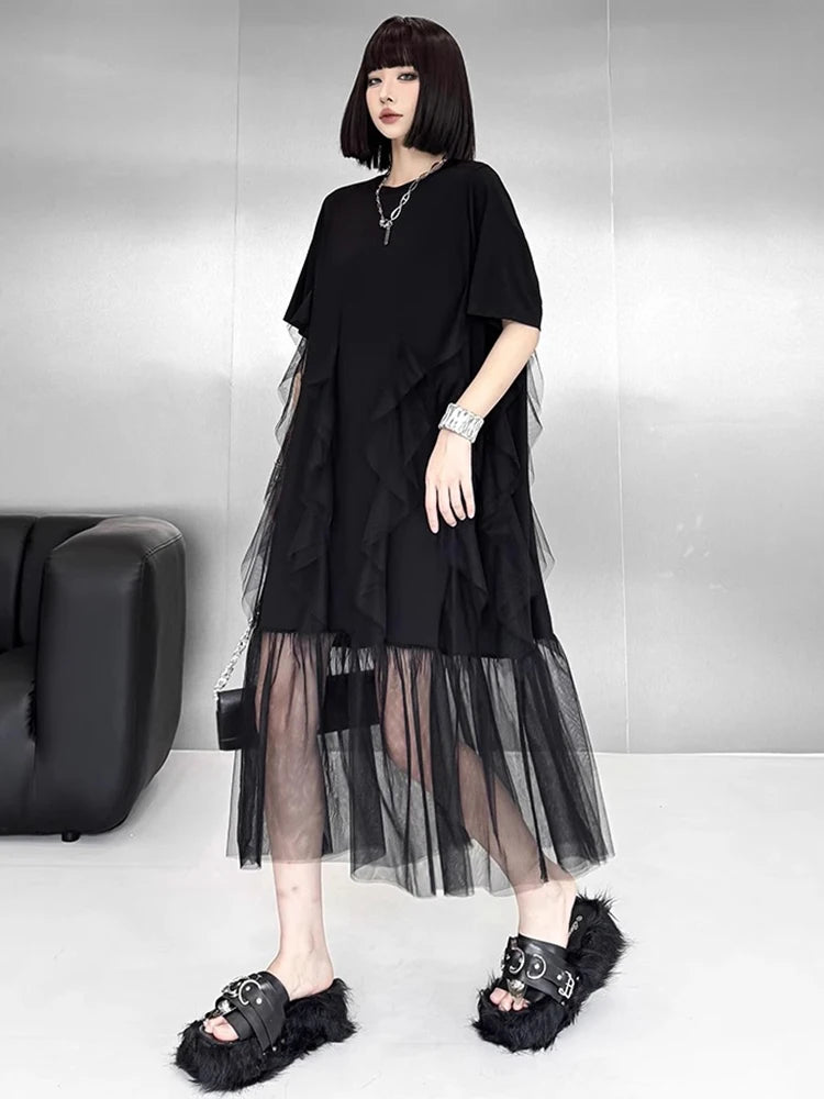 XITAO Irregular Solid Color Loose Dress Patchwork Gauze O-neck Short Sleeve Casual Slimming Simple Summer Woman Dress ZMY1373