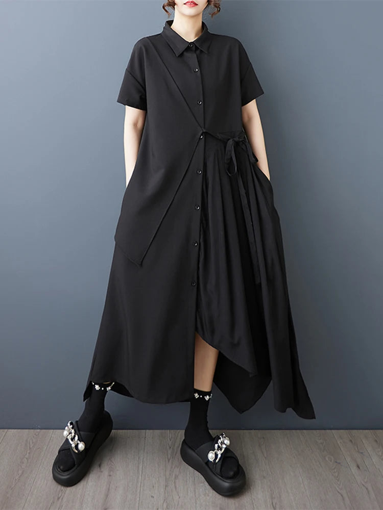 XITAO Irregular Solid Color Pleated Dress Drawstring Turn-down Collar Short Sleeve Slimming All-match Temperament Dress ZY8943