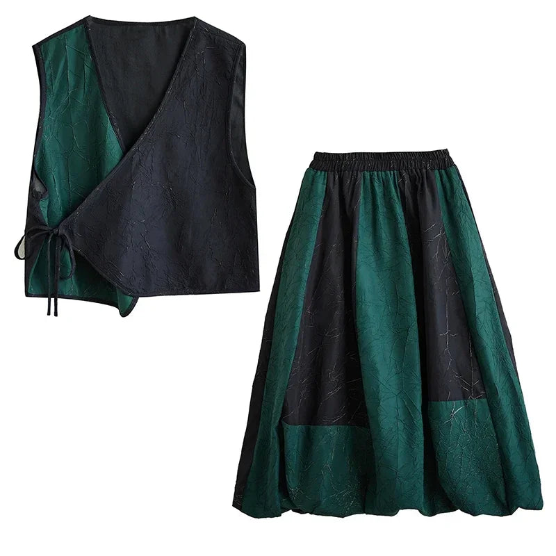 XITAO Vintage Dress Sets Sleeveless Lace-up Top Skirt Two Piece Sets Women Fashion Asymmetrical Contrast Color Patchwork DMJ3108