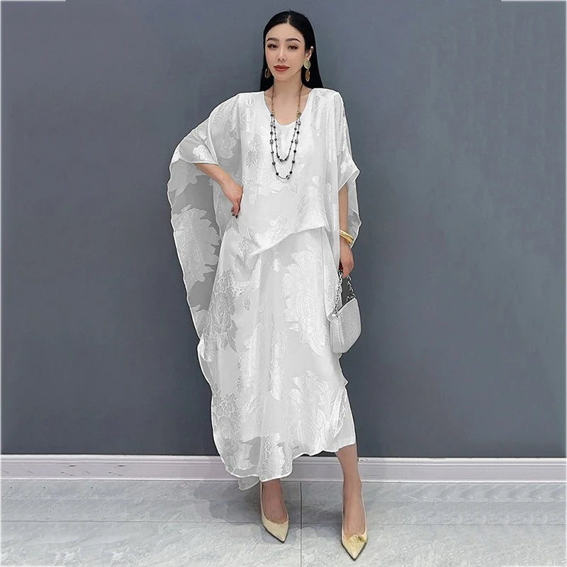 XITAO Jacquard Asymmetrical Folds Pullover Dress Solid Color O-neck Loose Temperament All Match Slimming Casual Dress ZMY1178