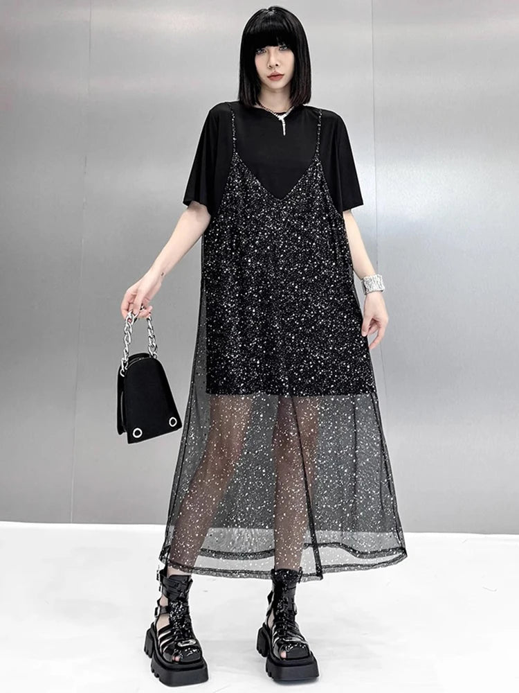 XITAO Sequin Mesh O-neck Dress Casual Loose Fitting A-line Hong Kong Elegant Fashion Personality Summer Women Dress ZMY1235
