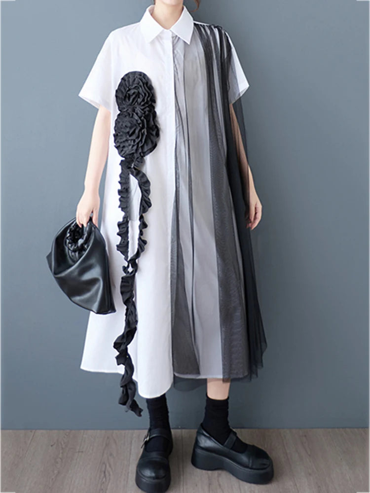 XITAO Patchwork Mesh Flower Dress Casual Solid Color Loose Fitting Korea A-line Short Sleeve Single Breasted Women Dress GYX1626