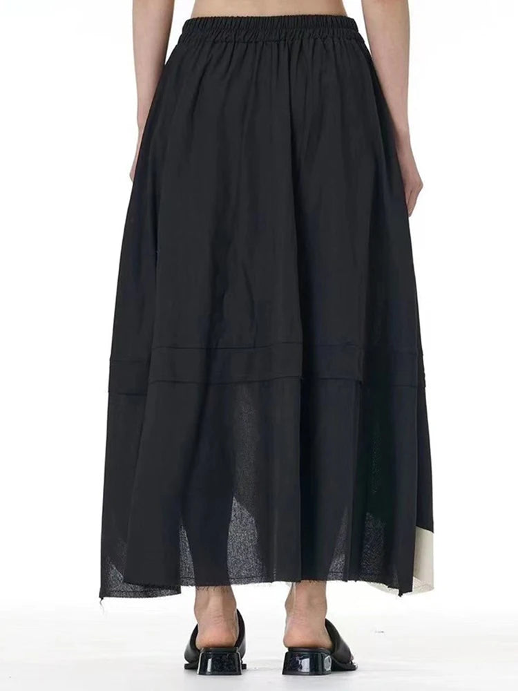 XITAO Contrast Color Patchwork Pocket Asymmetrical Skirt Elastic Waist Loose Slimming Casual A-line Mid-calf Skirt HQQ2447