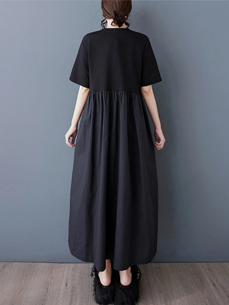 XITAO Asymmetric Pleated Patchwork O-neck Dress Casual Loose Fitting A-line Short Sleeve Thin Pullover Women Dress ZMY1044