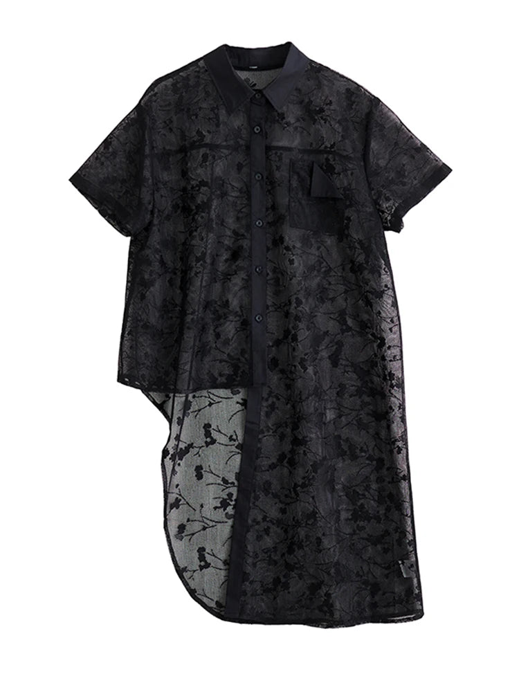 XITAO Asymmetrical Turn-down Collar Dress Single Breasted Solid Color A-line Patchwork Mesh New Summer Women Dress ZMY1360